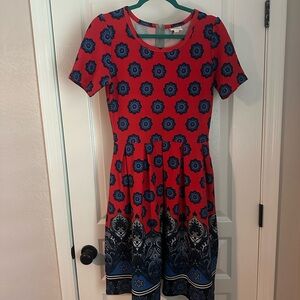 LuLaRoe Red and Navy Patterned Fit & Flare Midi Dress
